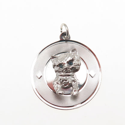 925 Sterling Silver Vintage Blue Rhinestone Kitty Cat Charm Pendant