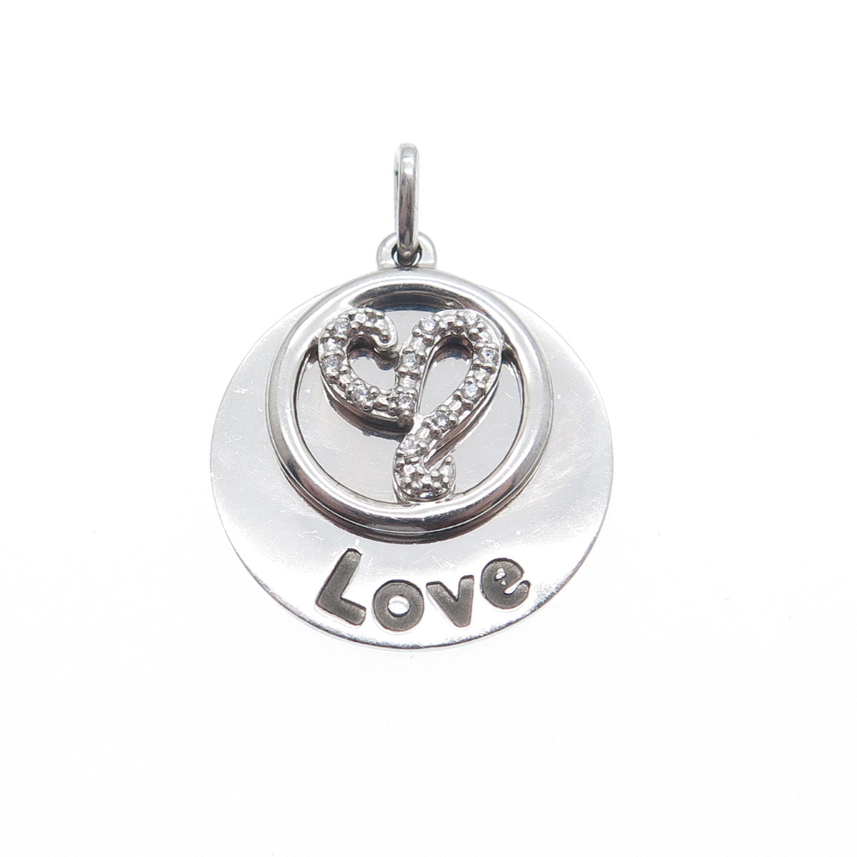 925 Sterling Silver Round-Cut C Z Love Shh! Heart Double Charm Pendant