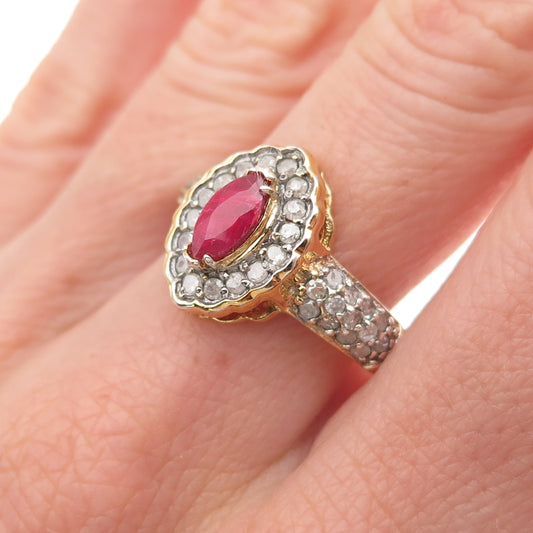 925 Sterling Silver Gold Plated Real Round-Cut Diamond & Ruby Ring Size 9