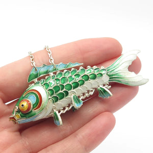 925 Sterling Silver Enamel Antique Chinese Koi Fish Chatelaine Pendant / Fob
