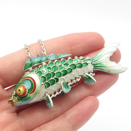 925 Sterling Silver Enamel Antique Chinese Koi Fish Chatelaine Pendant / Fob