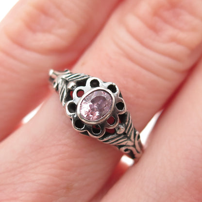 925 Sterling Silver Vintage Oval-Cut Lavender C Z Flower Oxidized Ring Size 6