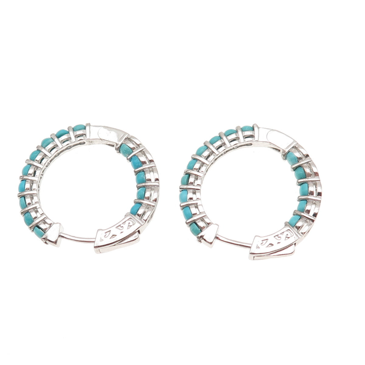 925 Sterling Silver Real Tyrone Turquoise In & Out Hoop Earrings
