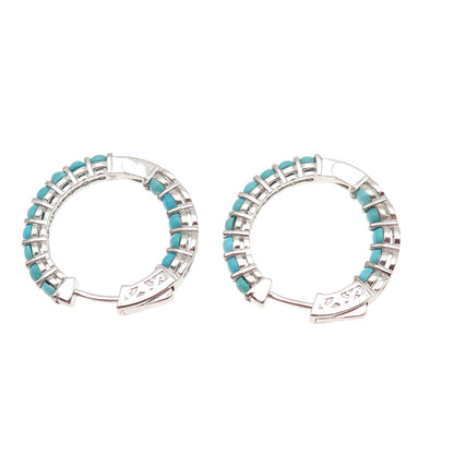 925 Sterling Silver Real Tyrone Turquoise In & Out Hoop Earrings