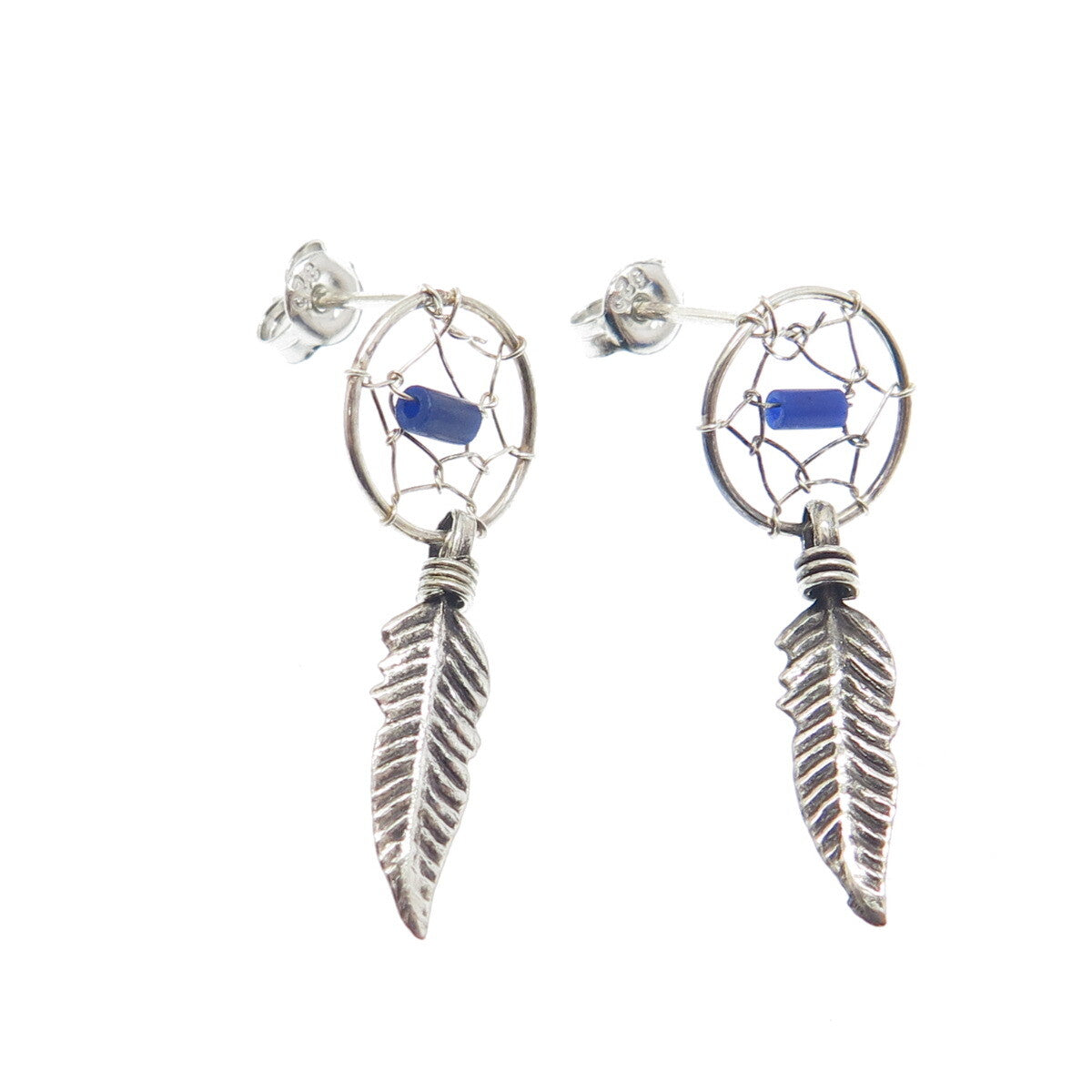 Old Pawn 925 Sterling Silver Vintage Lapis Dreamcatcher Feather Dangle Earrings