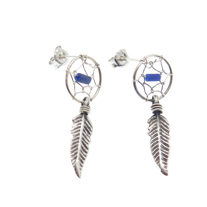 Old Pawn 925 Sterling Silver Vintage Lapis Dreamcatcher Feather Dangle Earrings