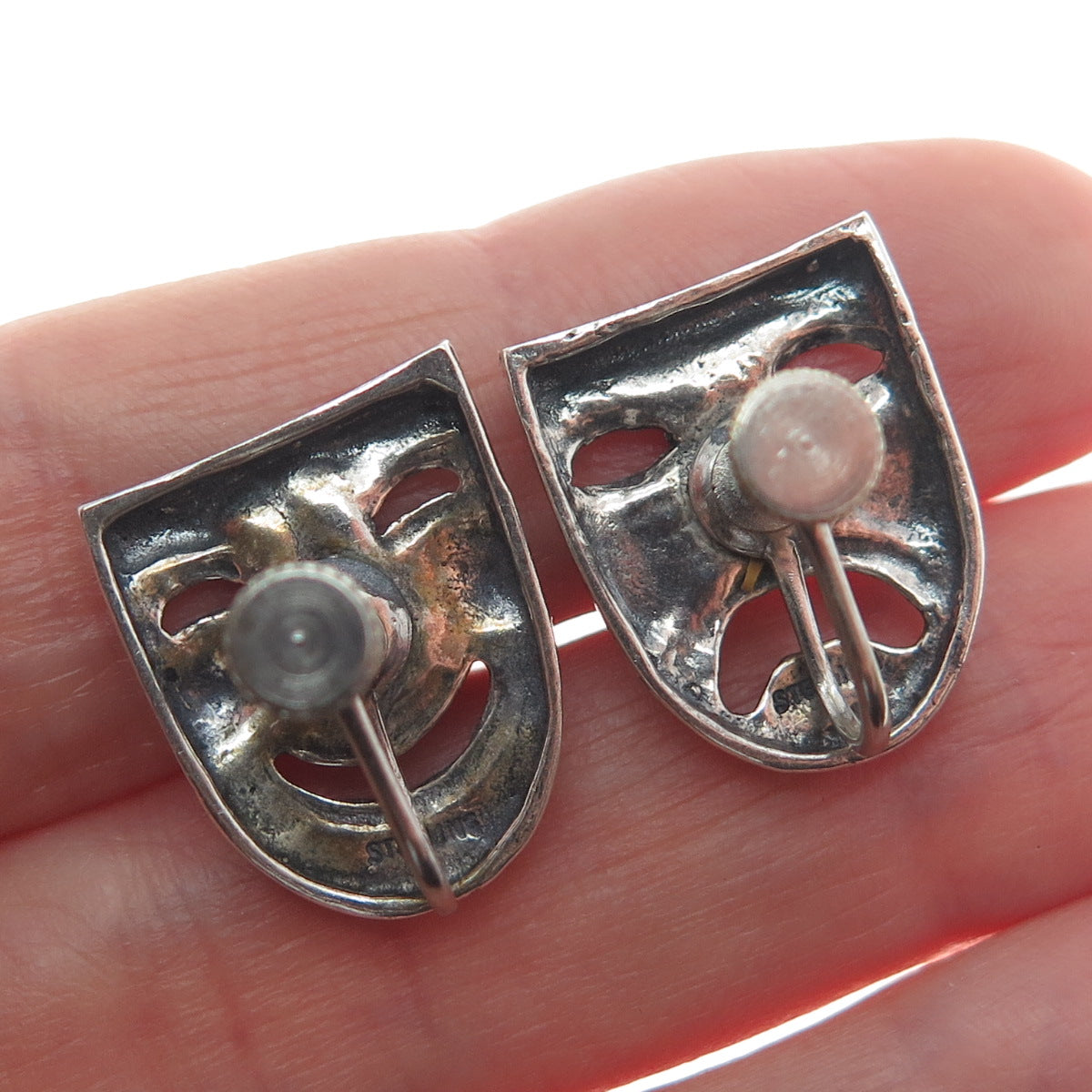 925 Sterling Silver Vintage Comedy & Tragedy Masks Oxidized Screw Back Earrings