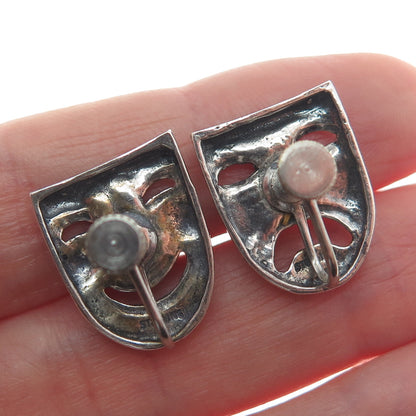 925 Sterling Silver Vintage Comedy & Tragedy Masks Oxidized Screw Back Earrings