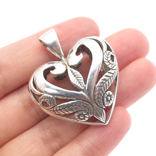 MORNING SUN 925 Sterling Silver Vintage Ornate Flower Heart Pendant