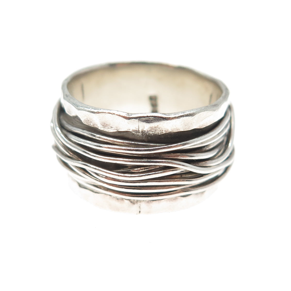 925 Sterling Silver Vintage Modernist Hammered Roped Oxidized Ring Size 8.5