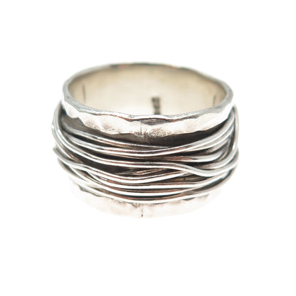 925 Sterling Silver Vintage Modernist Hammered Roped Oxidized Ring Size 8.5