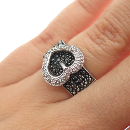J. STELLA 925 Sterling Silver Real Black & White Diamond Buckle Ring Size 6.25