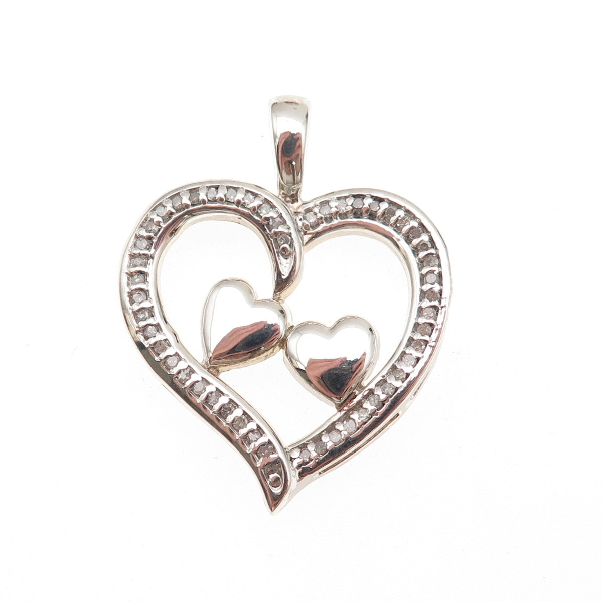 925 Sterling Silver Real Round-Cut Diamond Couple Heart Charm Pendant