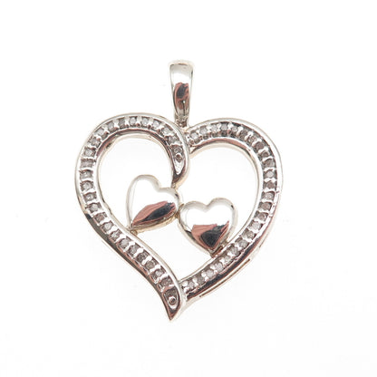 925 Sterling Silver Real Round-Cut Diamond Couple Heart Charm Pendant