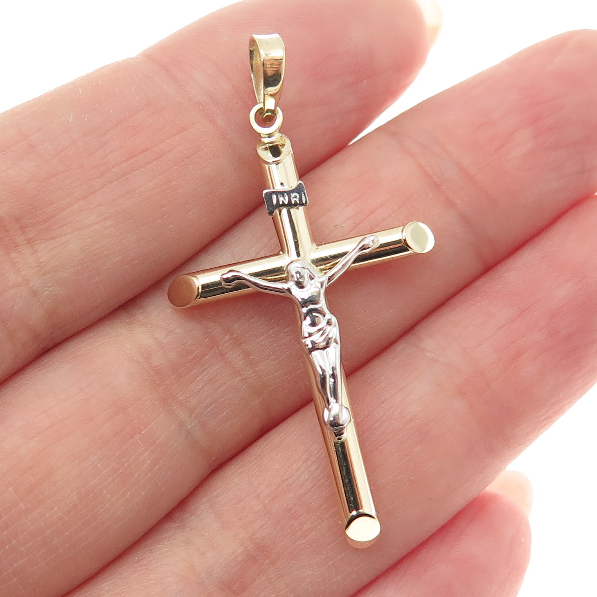 14K Yellow & White Gold Crucifix Cross Religious Charm Pendant