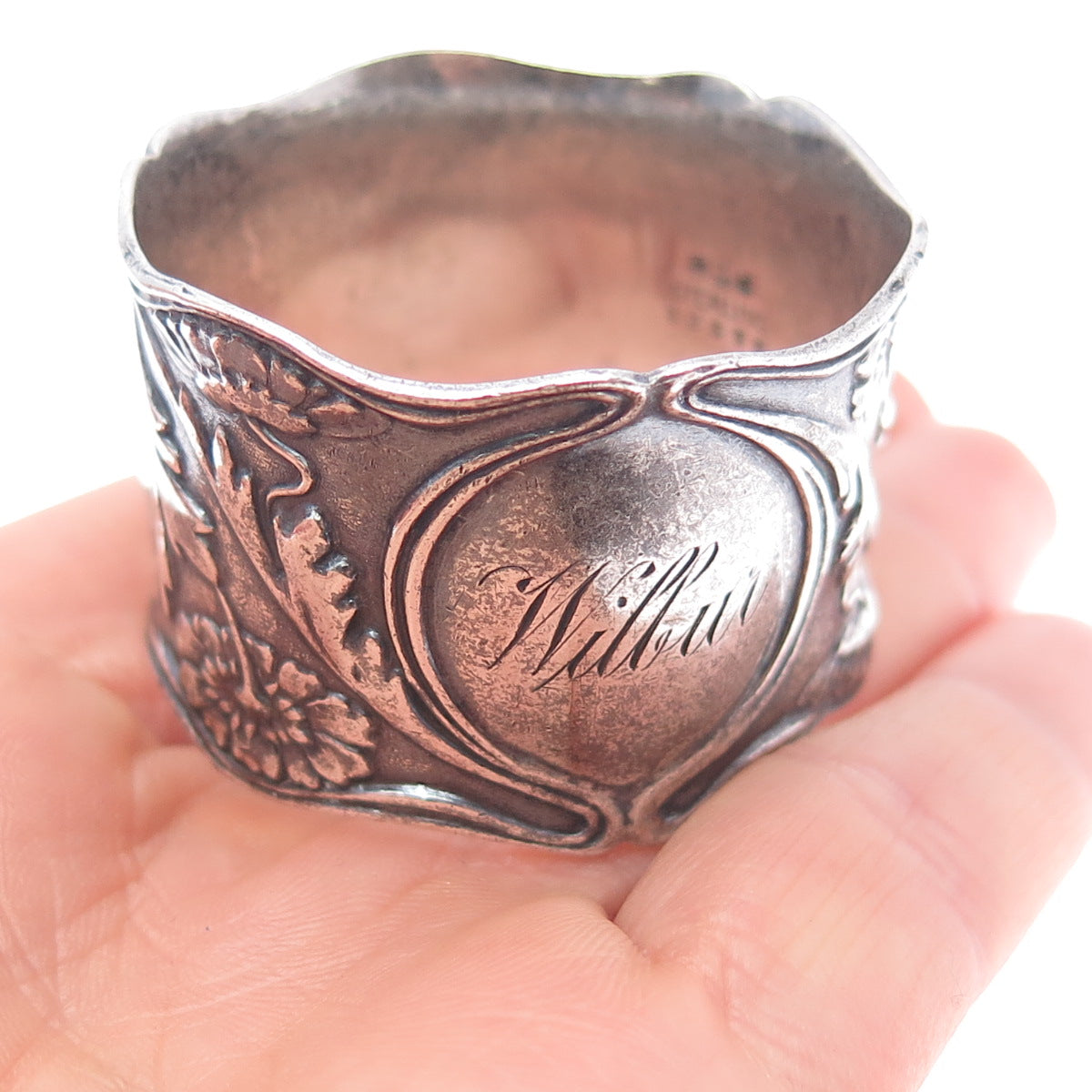 GORHAM Sterling Silver Antique 1906 Engraved Flower Oxidized Napkin Ring Holder