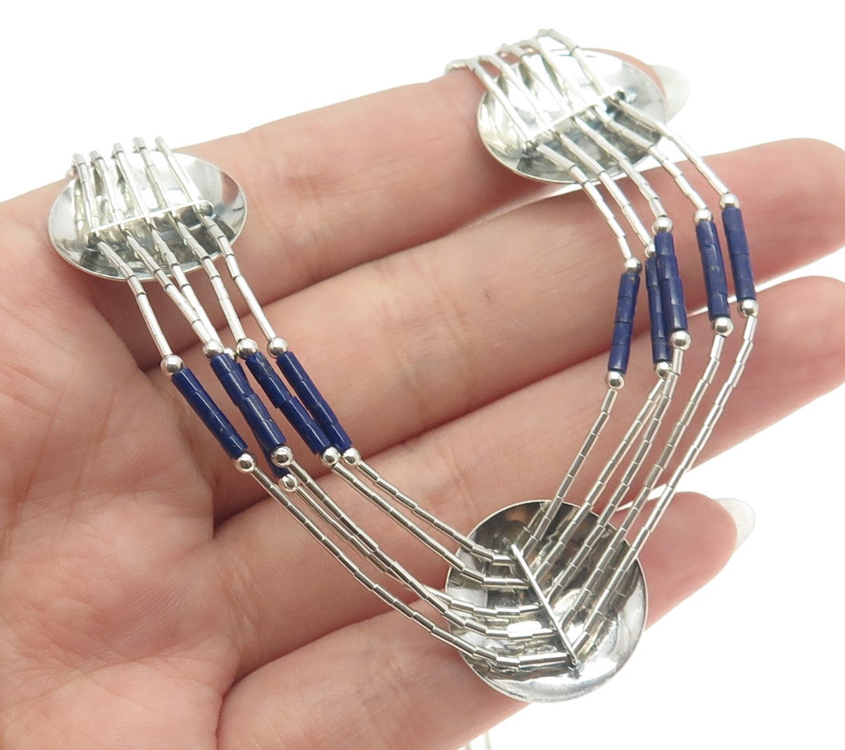 Old Pawn Sterling Silver Lapis Lazuli Lizard Concho 5-Liquid Chain Necklace 20"