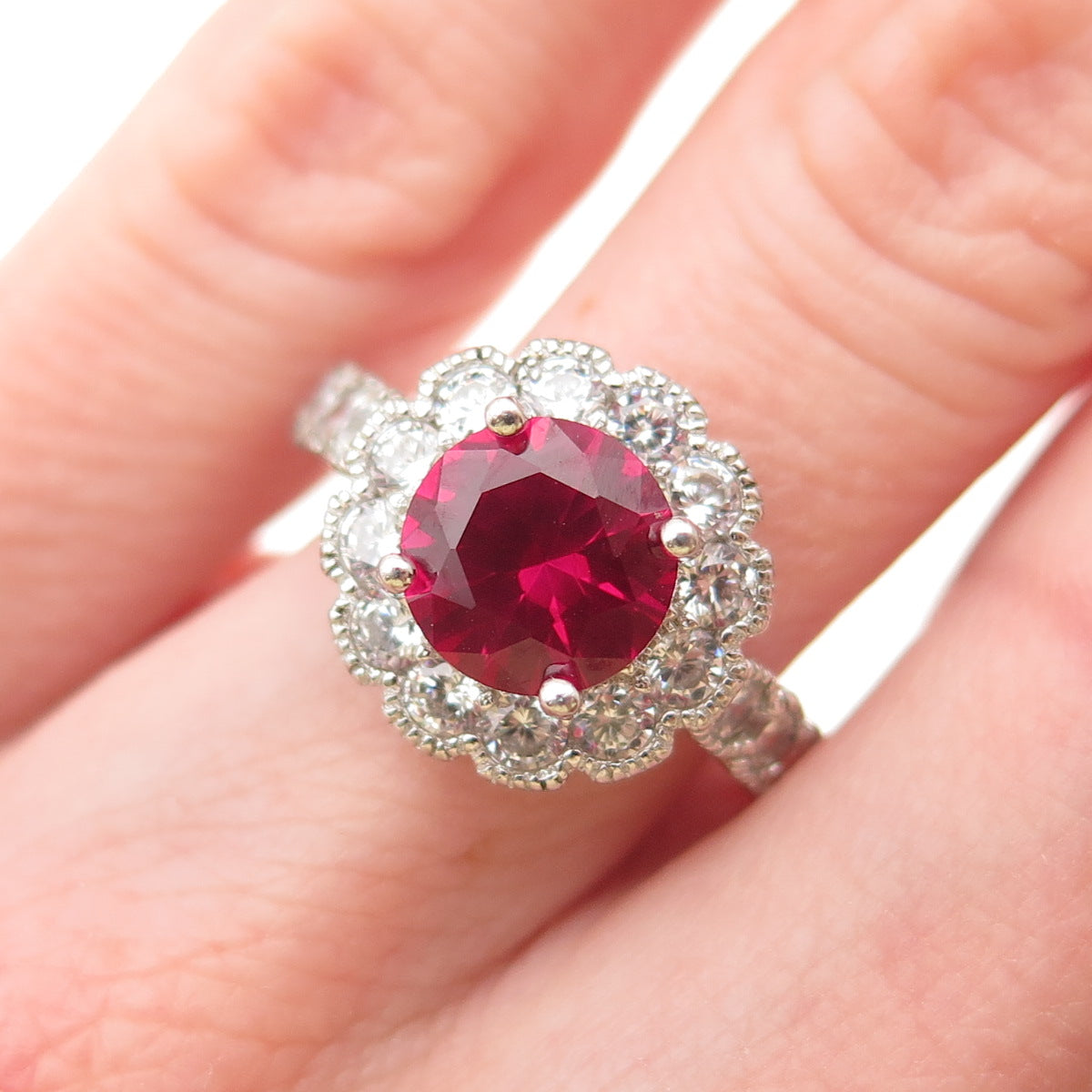 925 Sterling Silver Vintage Round-Cut Lab-Created Ruby & C Z Ring Size 7