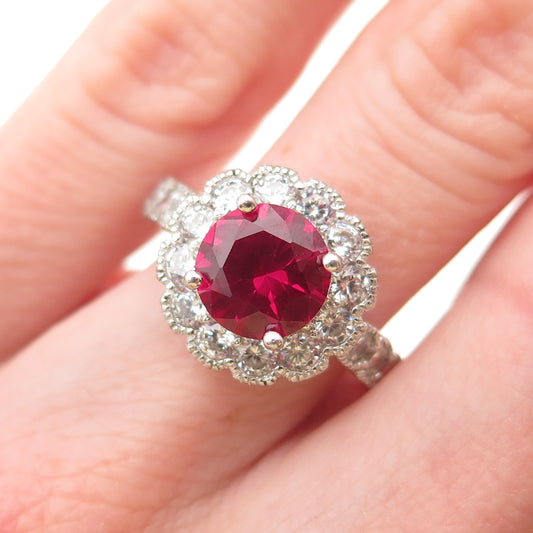 925 Sterling Silver Vintage Round-Cut Lab-Created Ruby & C Z Ring Size 7
