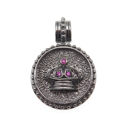 JOLUSA 925 Sterling Silver Black Rhodium Real Pink Sapphire Crown Pendant