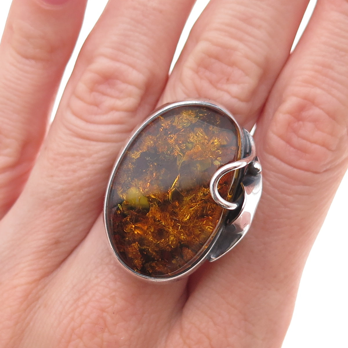 925 Sterling Silver Vintage Real Amber Modernist Oxidized Ring Size 8.25