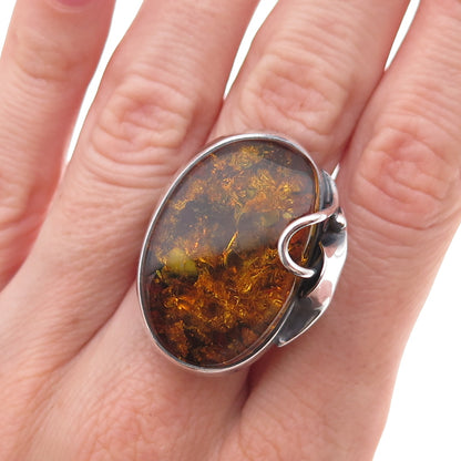 925 Sterling Silver Vintage Real Amber Modernist Oxidized Ring Size 8.25