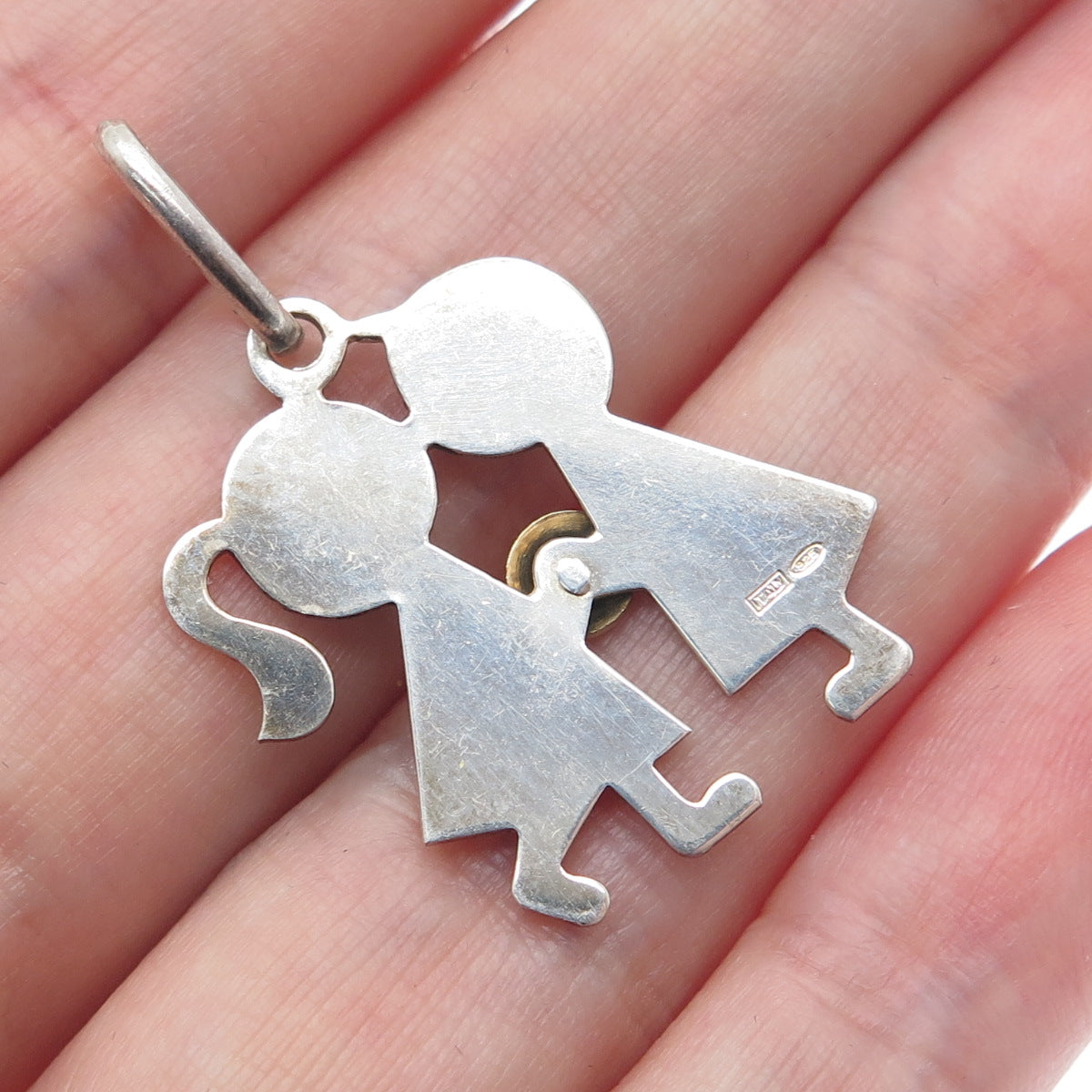 14K Gold & 925 Sterling Silver Vintage Italy Boy & Girl Kiss Charm Pendant