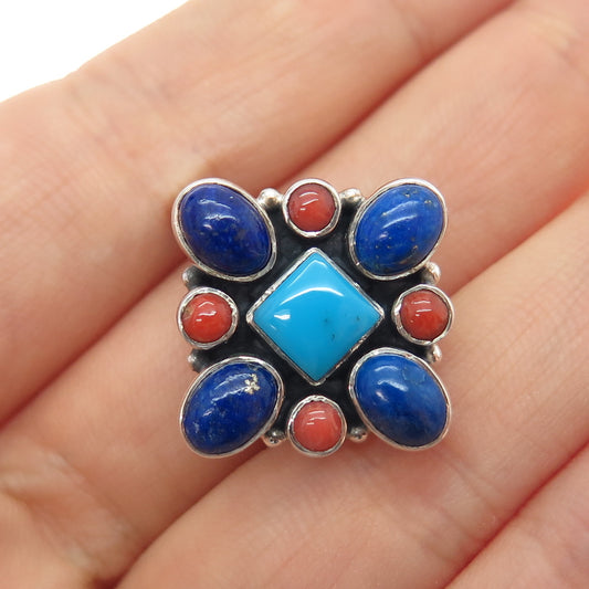 925 Sterling Silver Vintage Real Turquoise Coral & Lapis Cross Slide Pendant