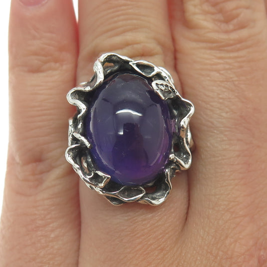 925 Sterling Silver Vintage RM Real Amethyst Modernist Oxidized Ring Size 5