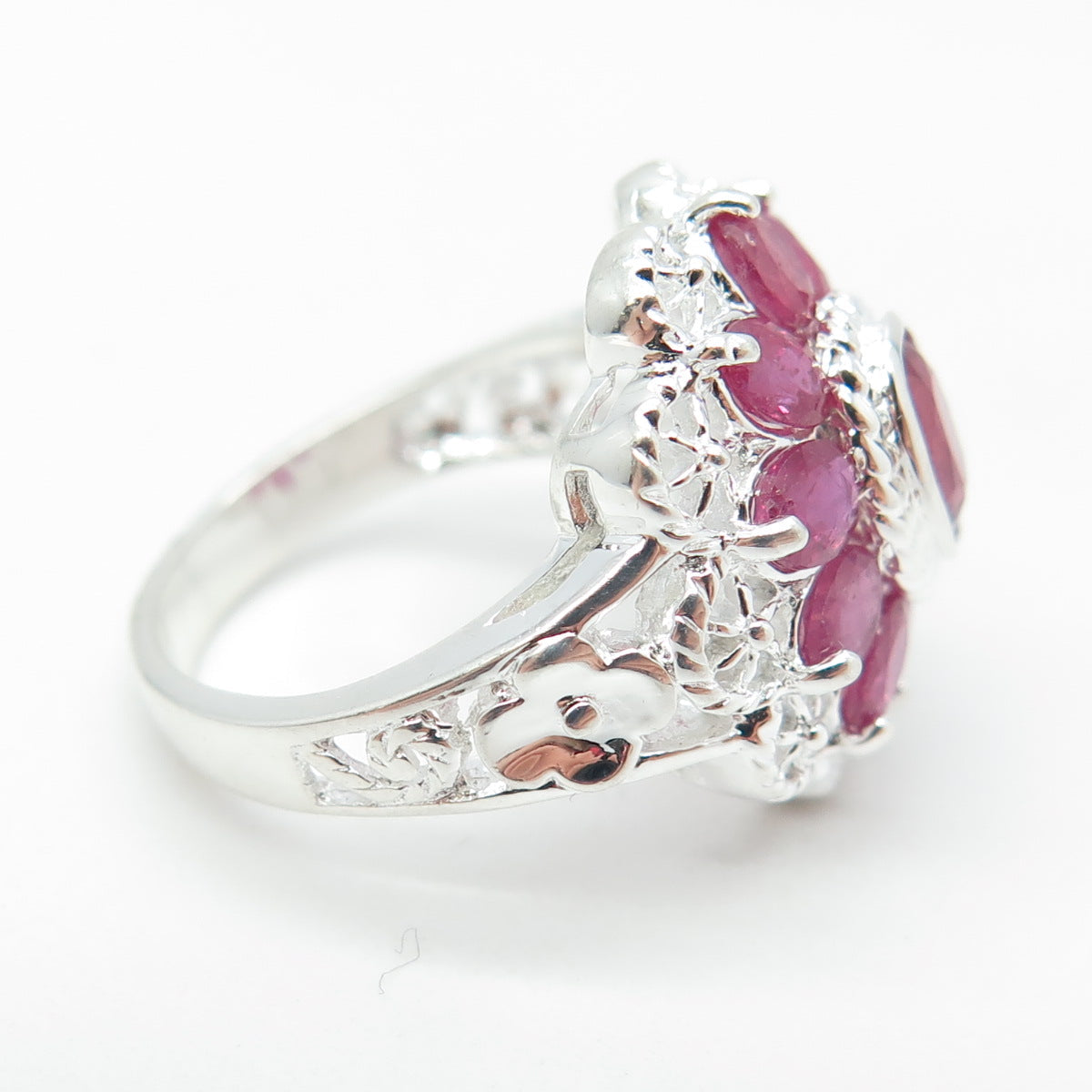 925 Sterling Silver Real Oval-Cut Ruby Flower Ring Size 6