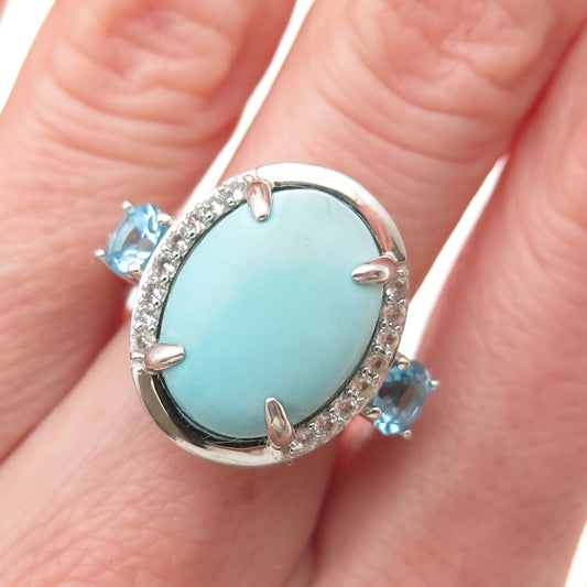 925 Sterling Silver Real Larimar White & Blue Topaz Ring Size 6.25