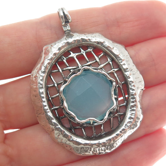 REGINA LANE 925 Sterling Silver Vintage Real Blue Chalcedony Modernist Pendant