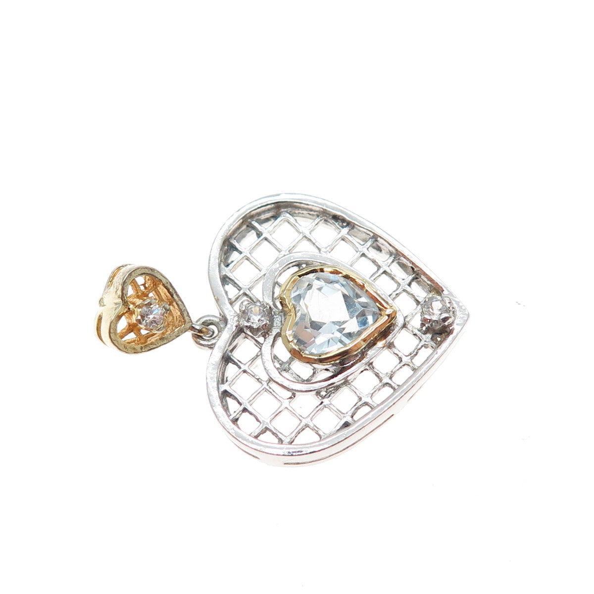 925 Sterling Silver 2-Tone Real Blue Topaz & C Z Heart Charm Pendant