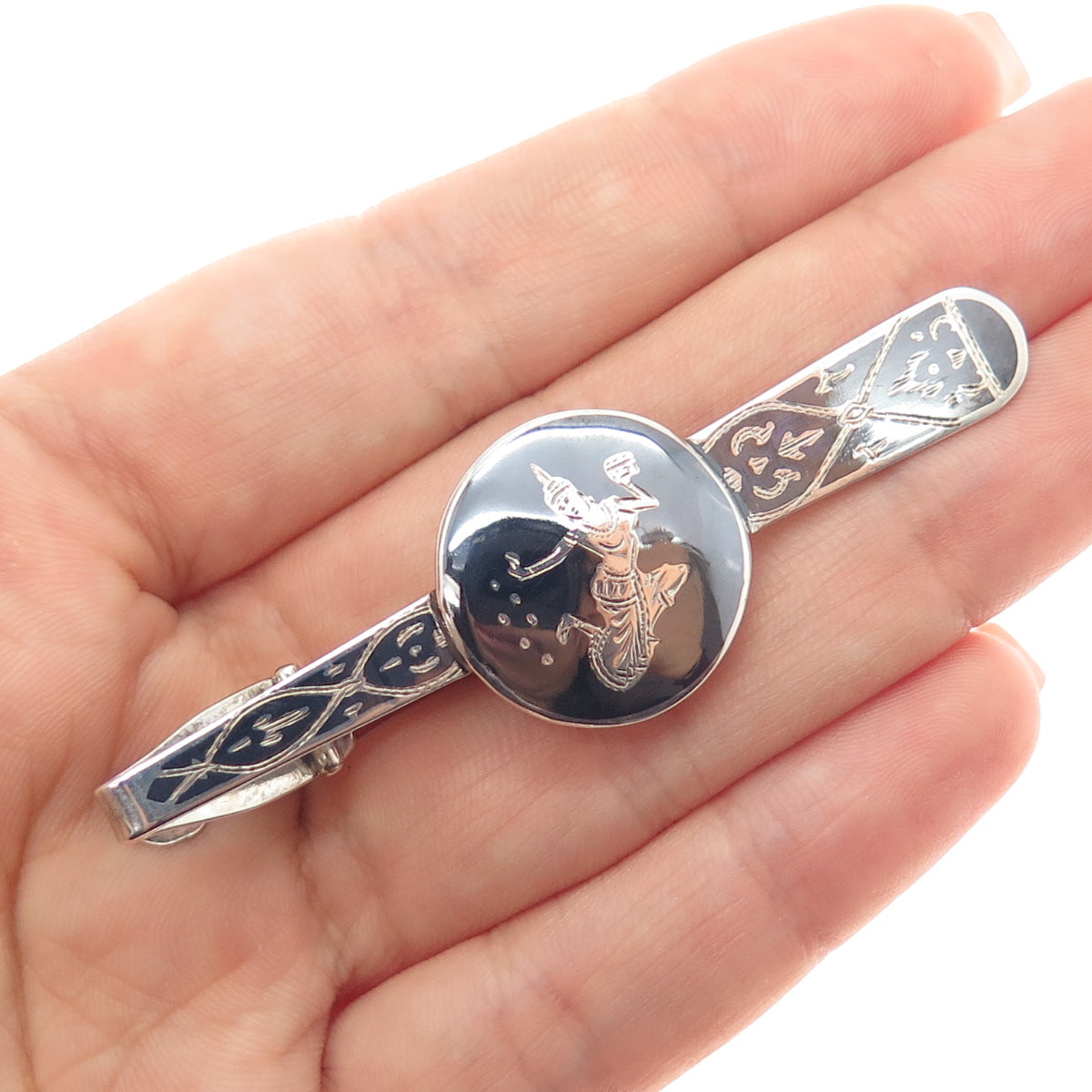 925 Sterling Silver Antique Siam Niello Hindu Goddess Tie Clip