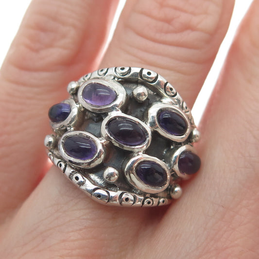 925 Sterling Silver Vintage Real Amethyst Modernist Oxidized Ring Size 6