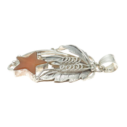 925 Sterling Silver Vintage Real Carnelian Agate Gemstone Star Leaf Pendant