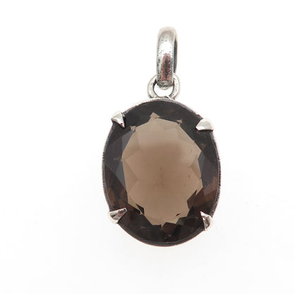 925 Sterling Silver Vintage Real Oval-Cut Smoky Quartz Charm Pendant