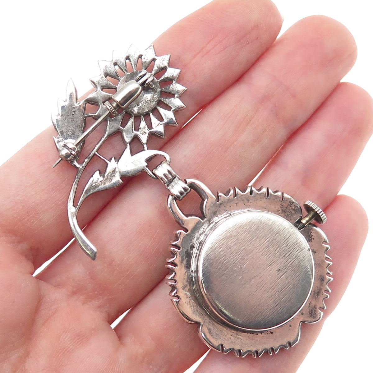 ROBOT CO 925 Sterling Antique Swiss Real Marcasite Flower 17 Jewels Watch Brooch