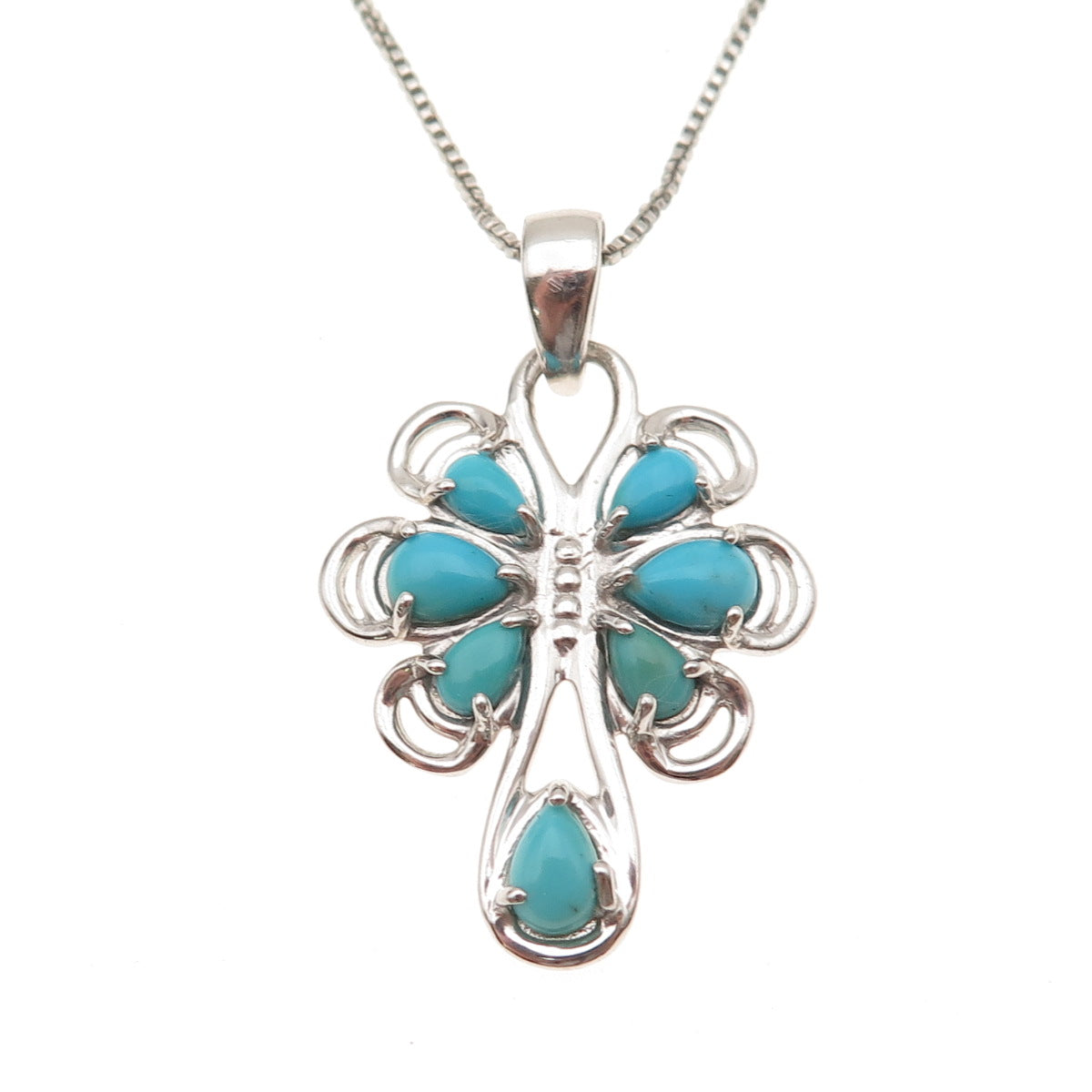 925 Sterling Silver Real Turquoise Floral Cross Box Chain Necklace 18-20"