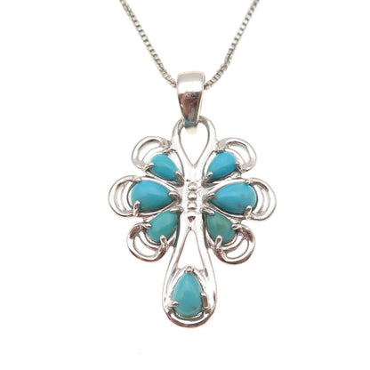 925 Sterling Silver Real Turquoise Floral Cross Box Chain Necklace 18-20"