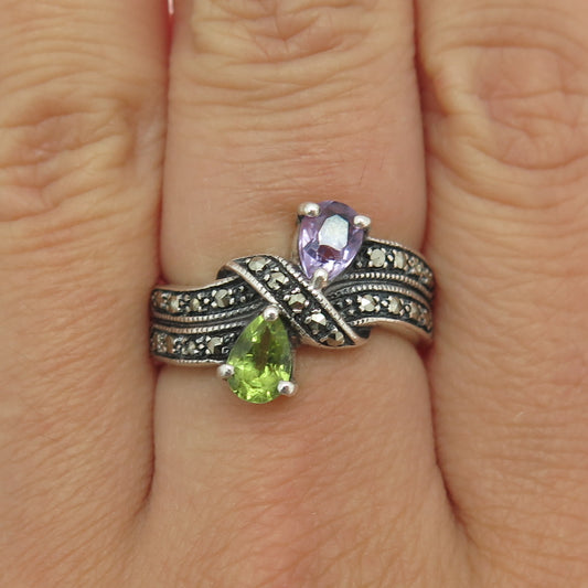 925 Sterling Silver Vintage Real Amethyst Peridot & Marcasite Gem Ring Size 7.25