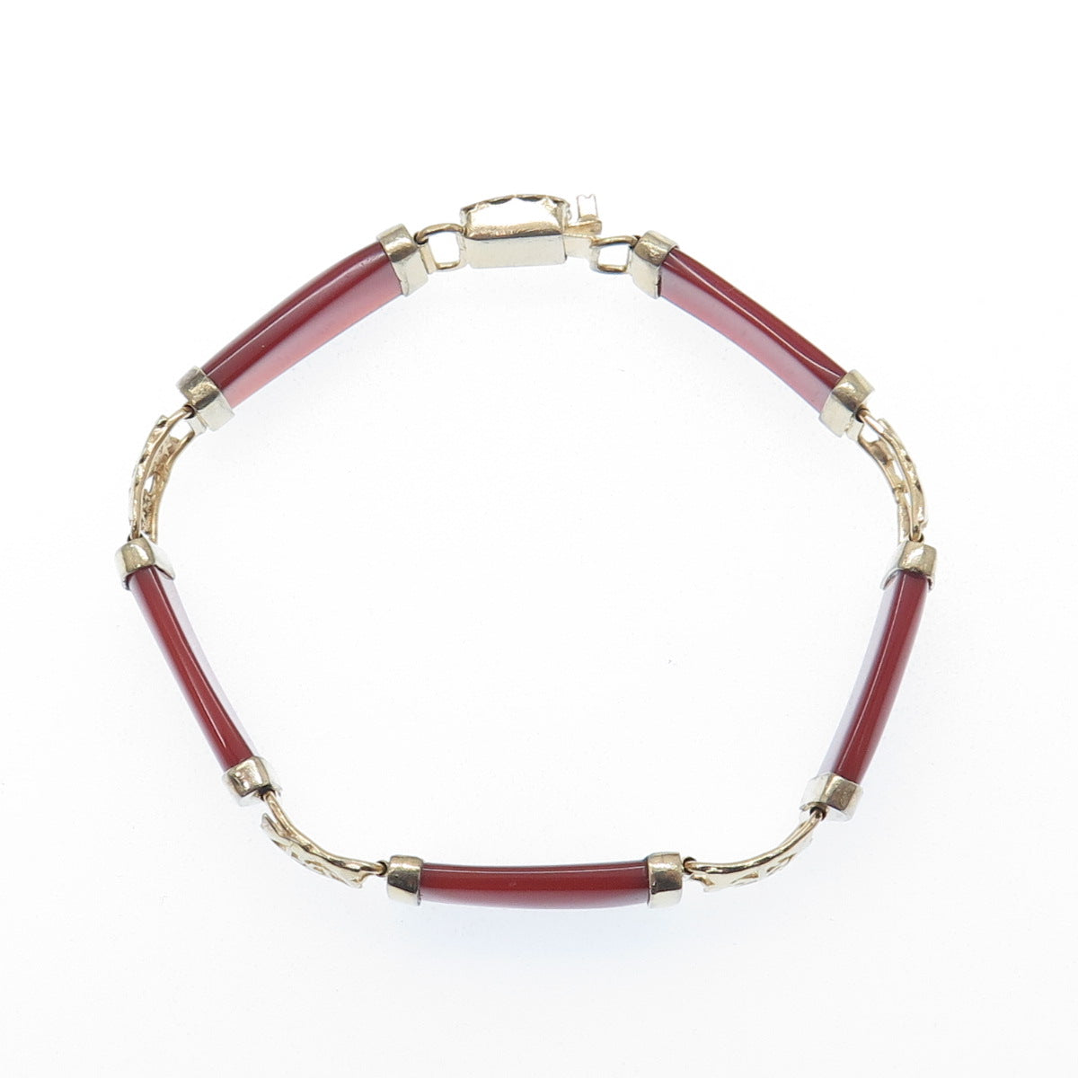 925 Sterling Gold Plated Vintage Real Carnelian Chinese Character Bracelet 7"