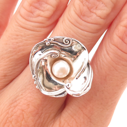 Hagit Gorali 925 Sterling Silver Vintage Real Pearl Modernist Floral Ring Size 7