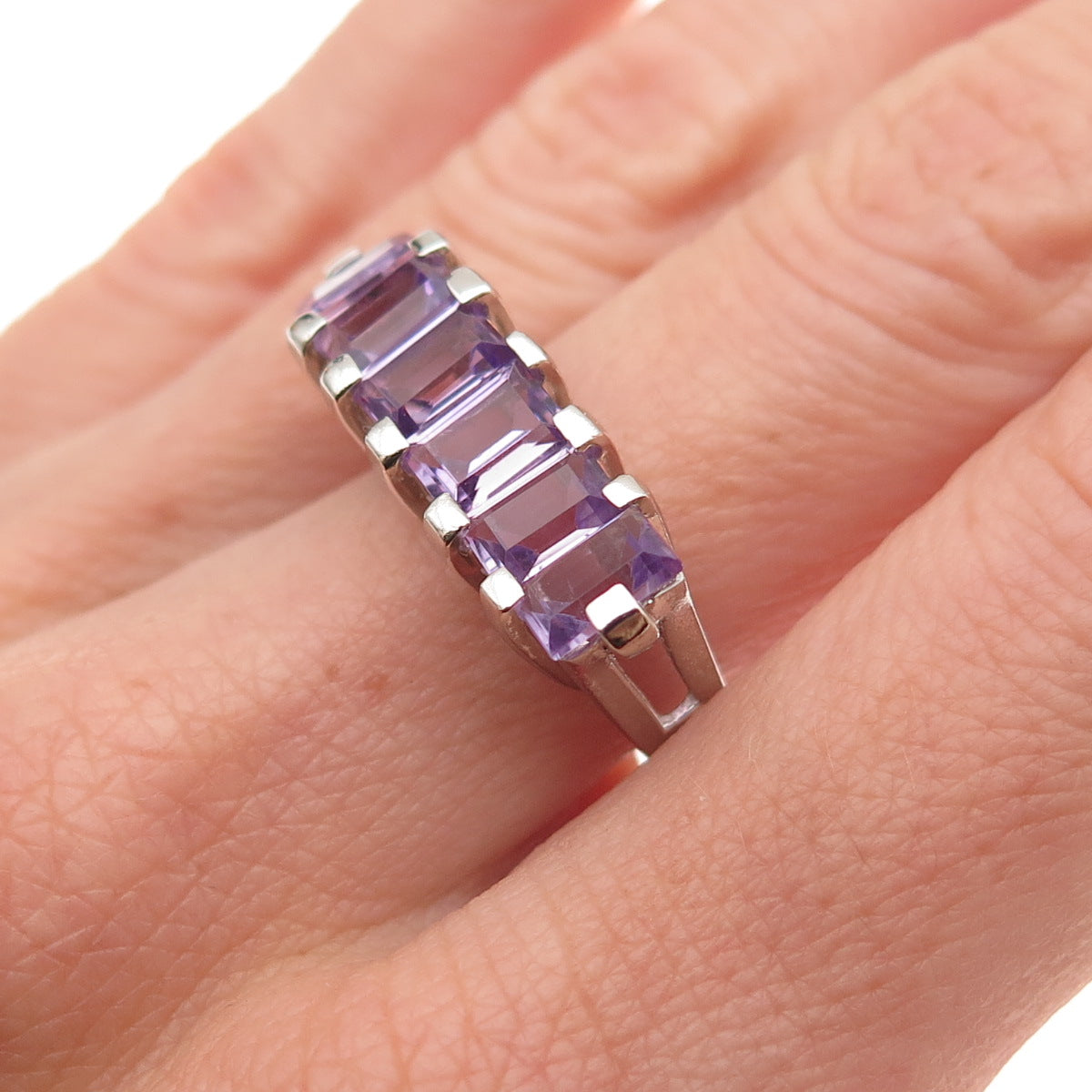 Ken Crafts 925 Sterling Silver Vintage Real Emerald-Cut Amethyst Ring Size 7