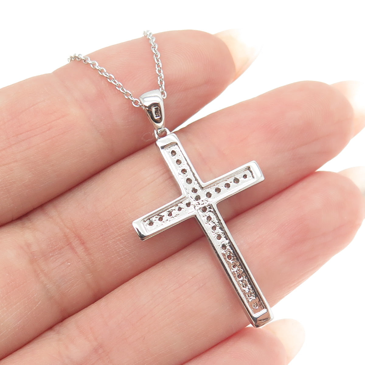 925 Sterling Silver Pave C Z Cross Pendant Rolo Chain Necklace 18"