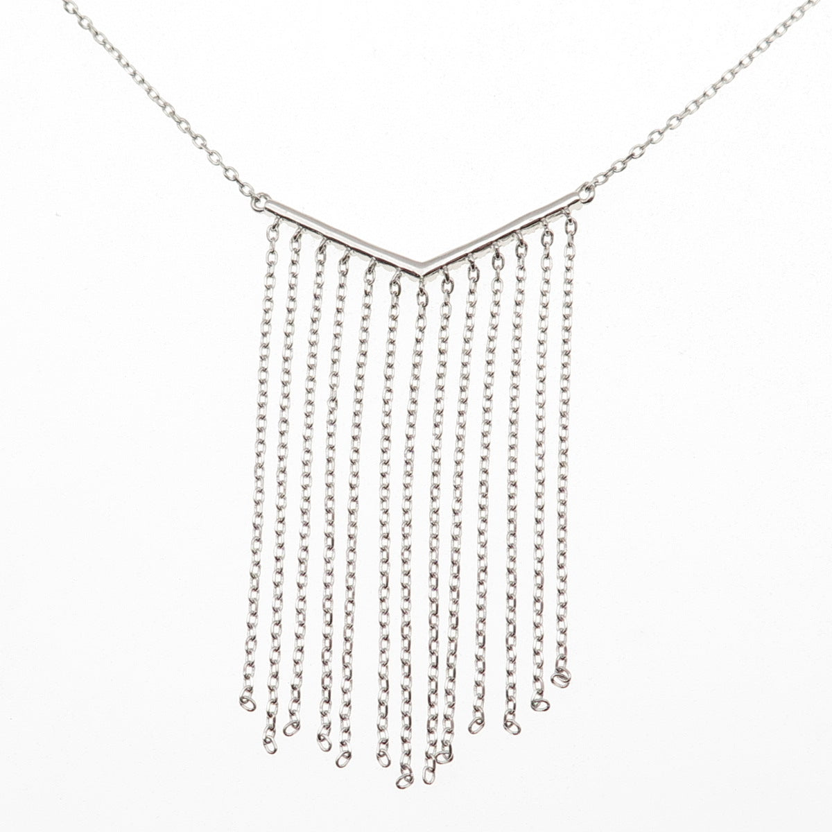 925 Sterling Silver Round-Cut C Z V-Shape Tassel Cable Chain Necklace 24"