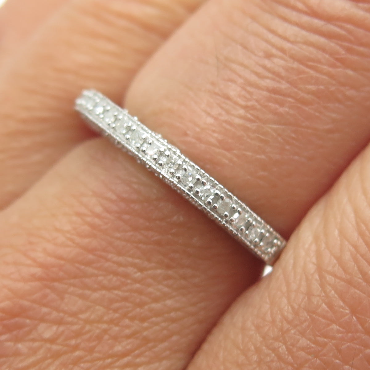 925 Sterling Silver Real Round-Cut Diamond Crescent Stackable Ring Size 7