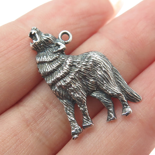 925 Sterling Silver Vintage Howling Wolf Oxidized Pendant