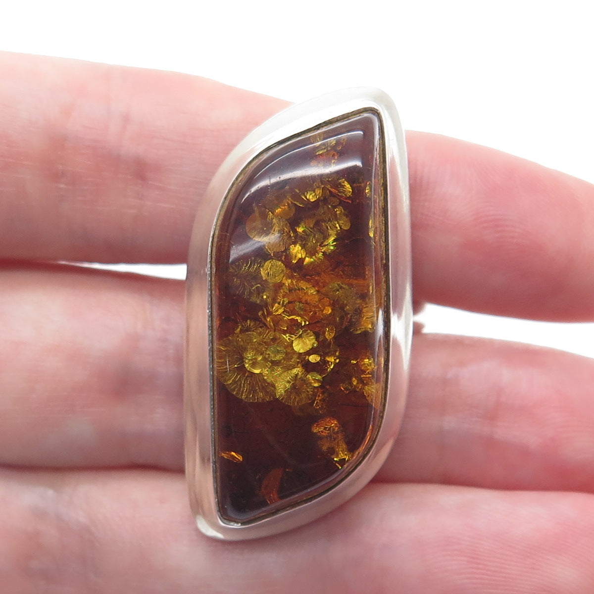 925 Sterling Silver Vintage Poland Real Amber Modernist Ring Size 8.5