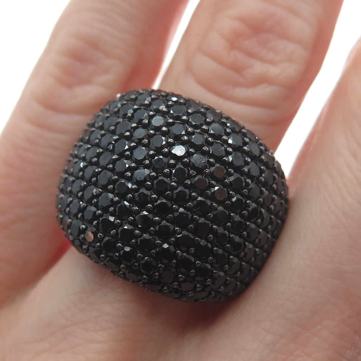 925 Sterling Silver Real Black Spinel Gemstone Cluster Wide Ring Size 7
